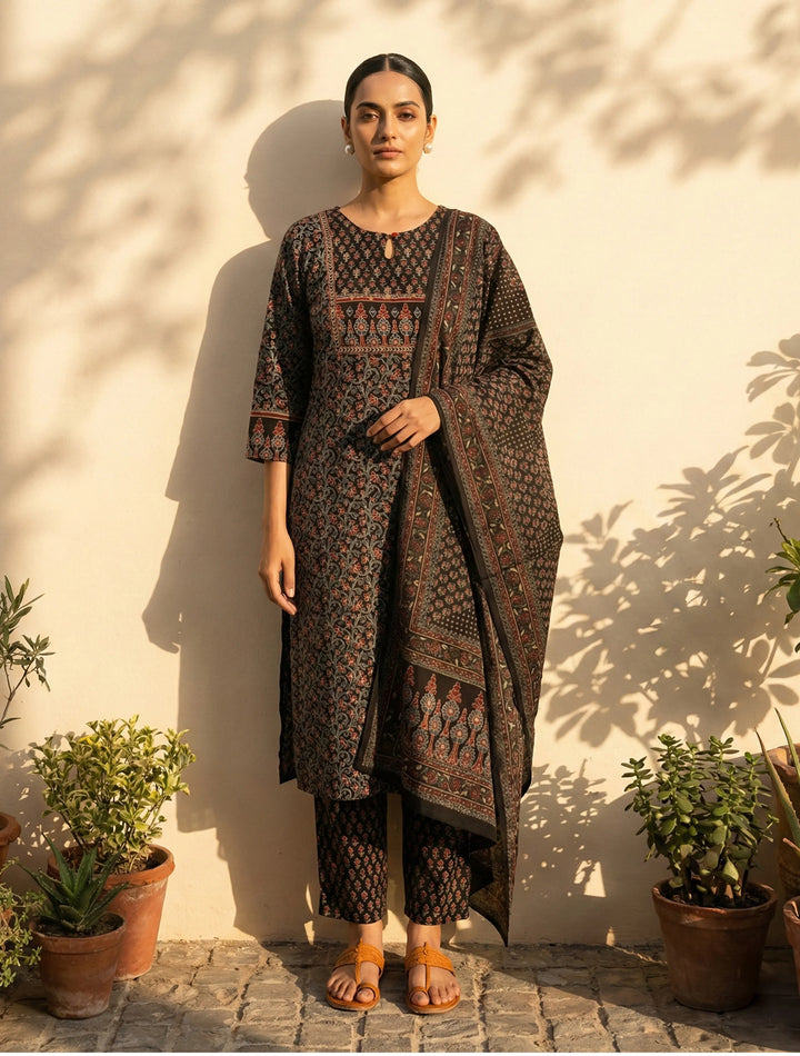 Black Floral Print Straight Kurta Pant Dupatta Set | SHOBITAM