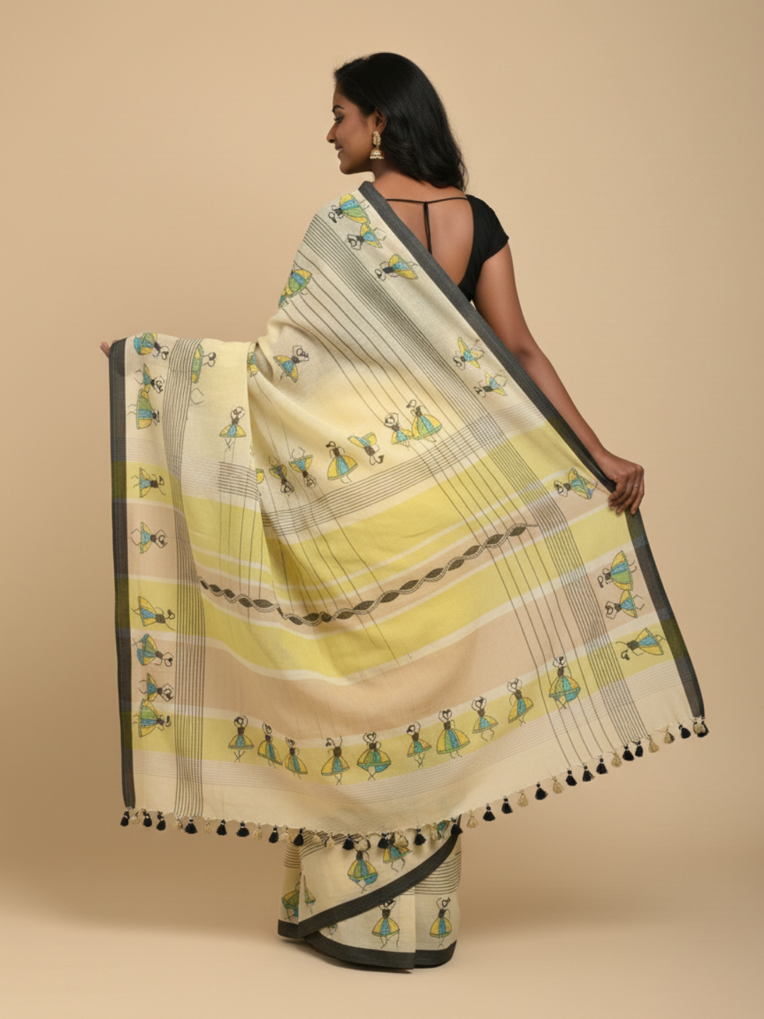 Yellow Handloom Cotton Kantha Stitch Saree with pompoms | SHOBITAM