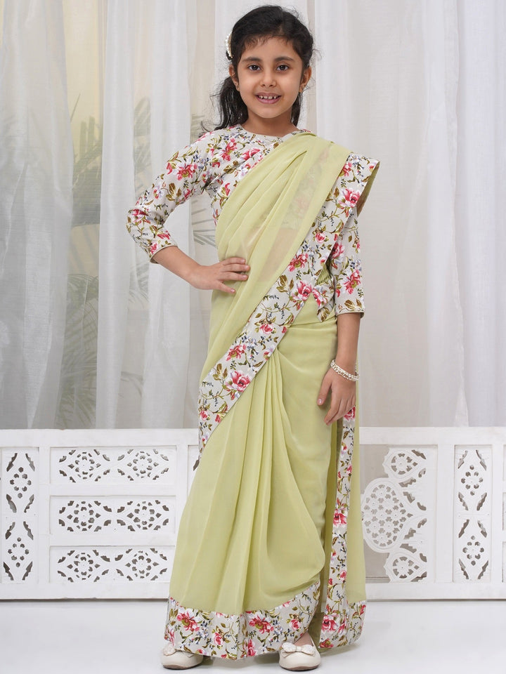 Girls Cotton Three Fourth Sleeves Floral Print Ready to wear Blouse with Ready to wear Georgette Saree - Apple Green | SHOBITAM