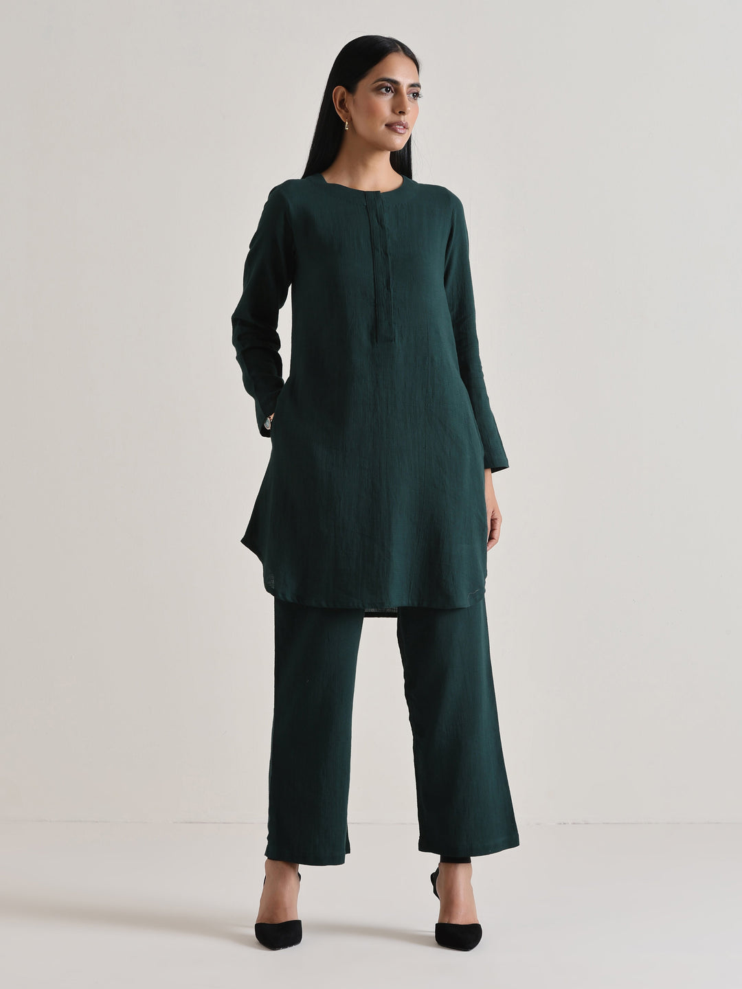 Dark Green Front Placket Co-Ord Set | SHOBITAM