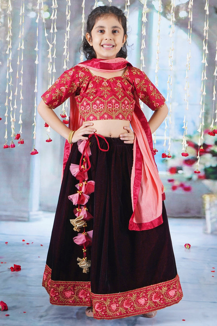 Girl Bageecha Floral Thread work Blouse with Velvet Lehenga and Sequin moti work Dupatta, accompanied with Hand made tassel and Ghungroo work in Cherry Red | SHOBITAM