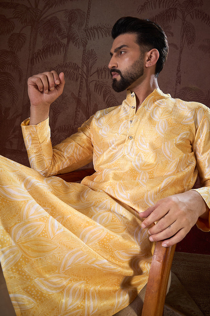 Yellow Silk Blend Floral Printed Straight Kurta For Men | SHOBITAM