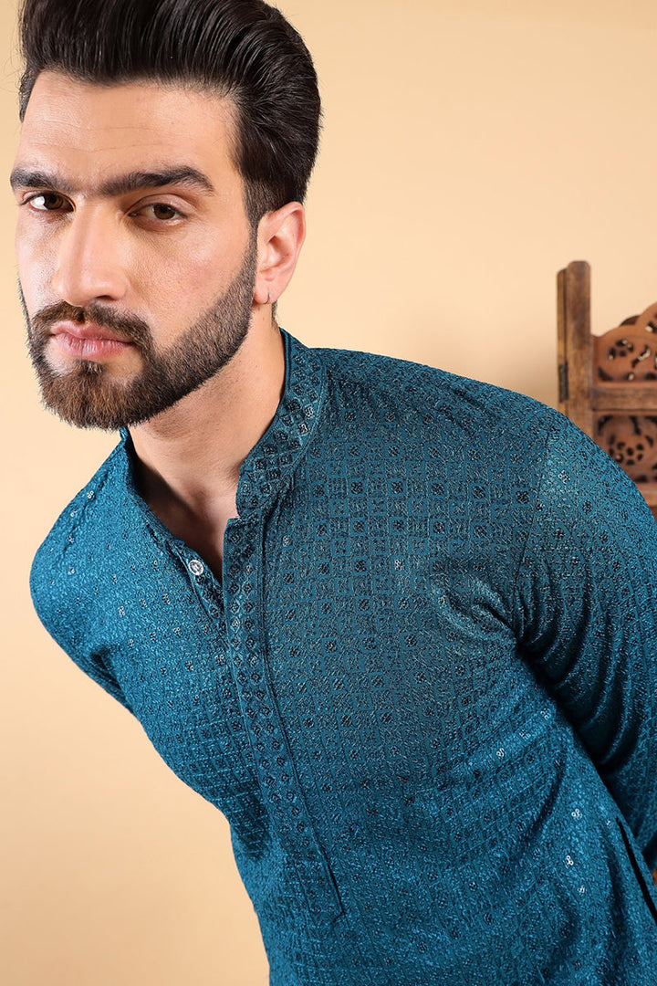 Teal Viscose Rayon Solid Embroidered Straight Kurta For Men| SHOBITAM