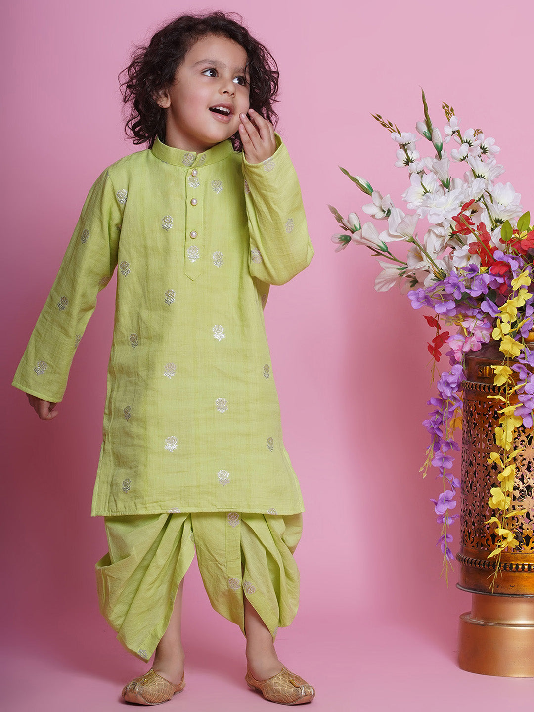 Cotton Full Sleeves Rose Zari Embroidered Kurta with Dhoti -Fern Green | SHOBITAM