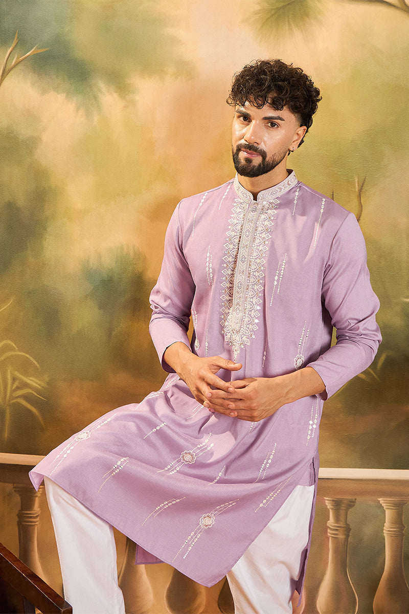 Lavender Silk Blend Solid Embroidered Straight Kurta with Trouser | SHOBITAM