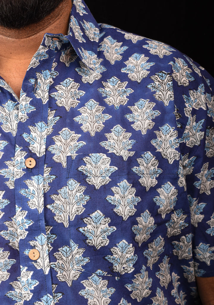 Blue White Bagru Handblock Printed Cotton Mens Shirt Heer
