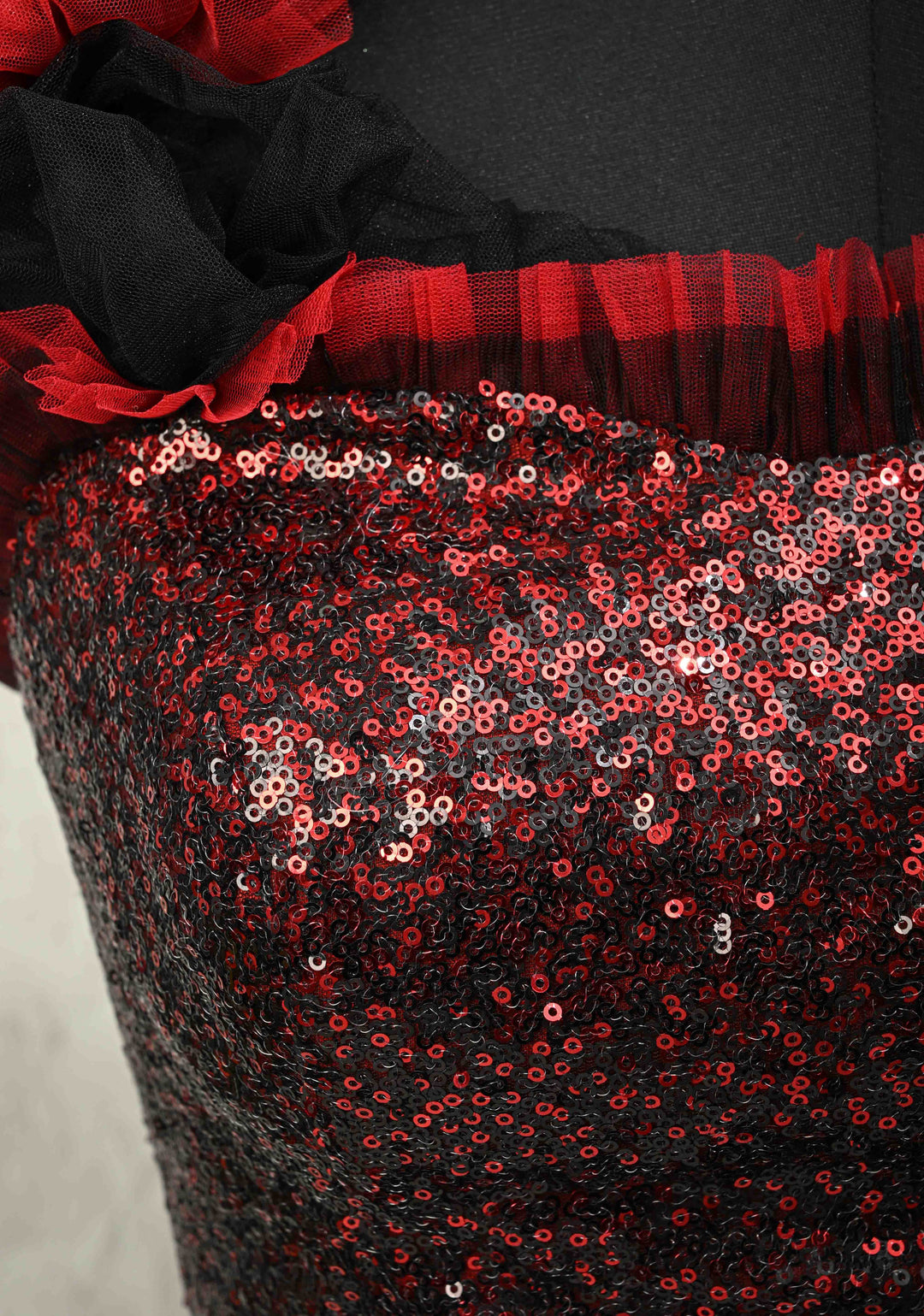 SIZE 36" Red & Black Sequin Corset Strappy Crop Top Blouse with Ruffled 3D Flower Detail and Lace-Up Back