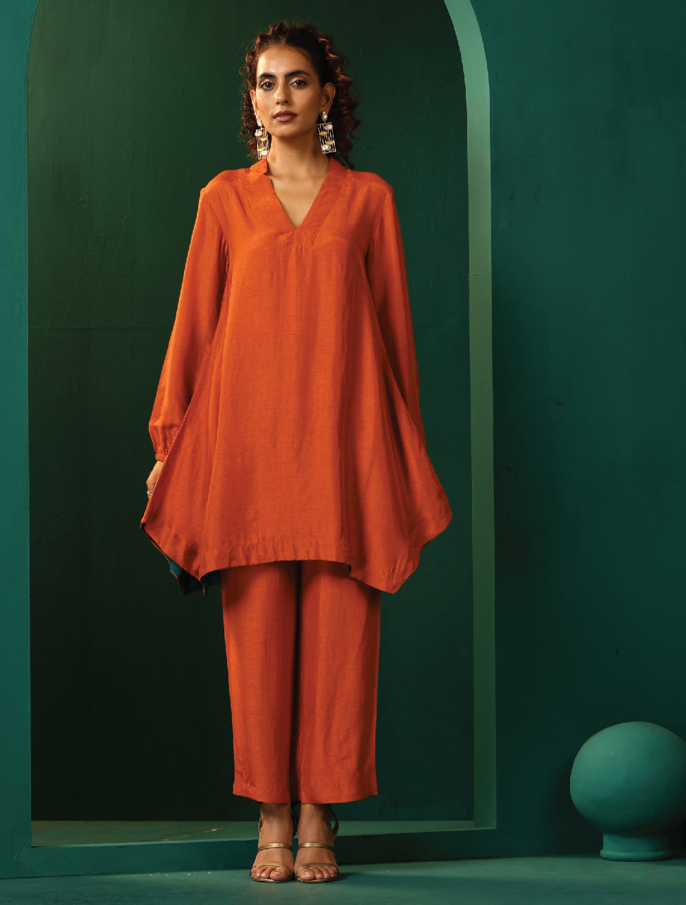 Rust Silk Collar Co-ord Set | SHOBITAM