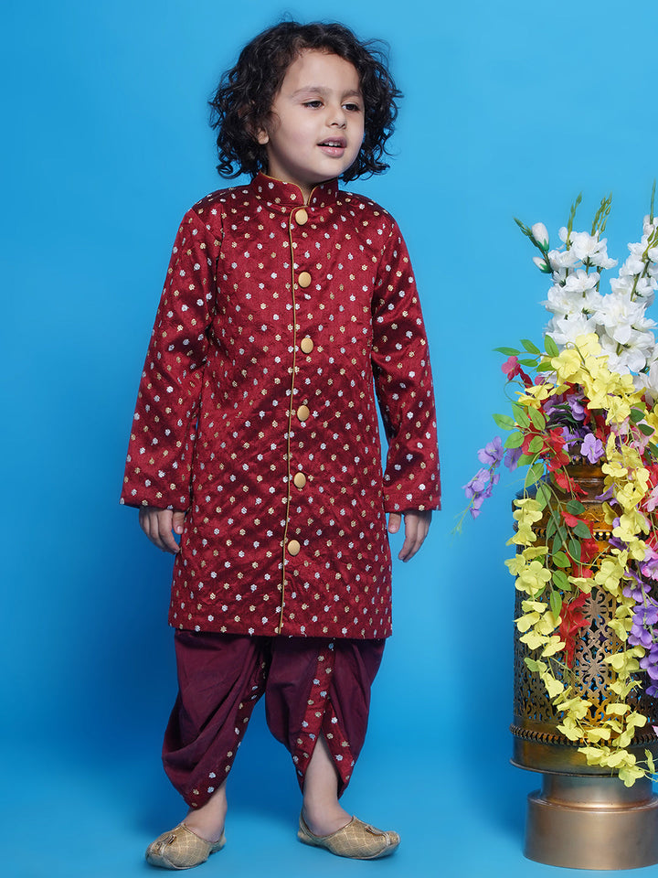 Chand Sitare Sherwani with Golden Buttons and Dhoti - Maroon | SHOBITAM