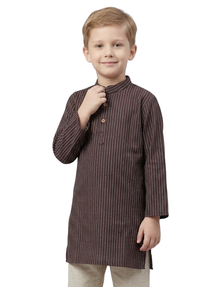Boys Brown Striped Cotton Kurta Set | SHOBITAM