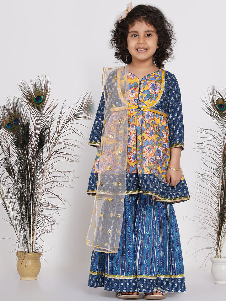 Girls Floral Kurta with Indigo Floral Jacket with Sharara and Dupatta in Blue & Yellow | SHOBITAM