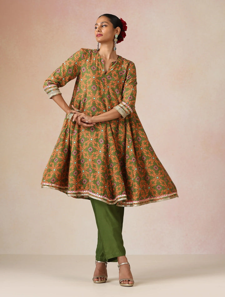 Dark Green Orange Jaal Print Viscose Flared Kurta Co-ord Set | SHOBITAM