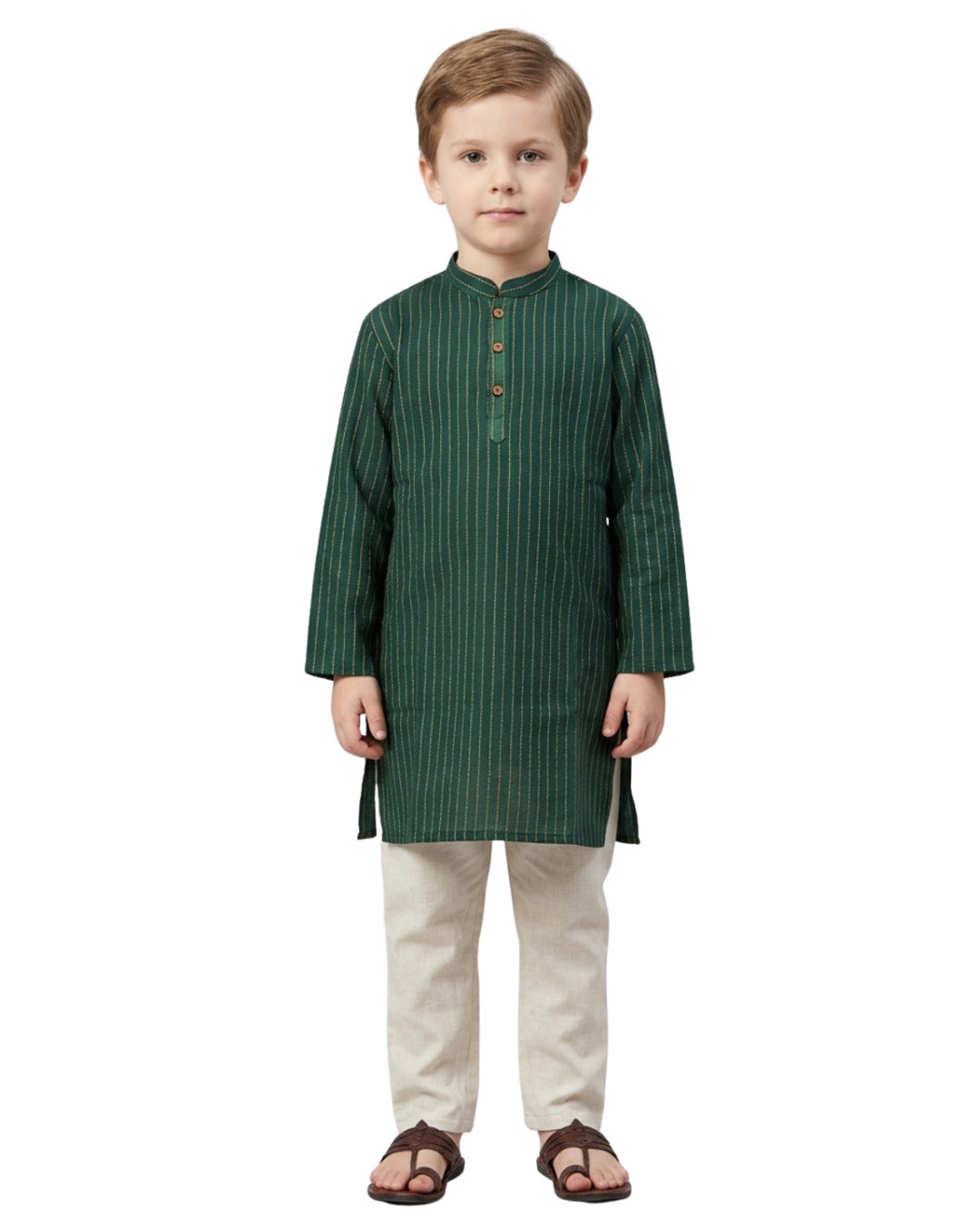 Boys Teal Green Striped Mandarin Collar Cotton Kurta Set | SHOBITAM