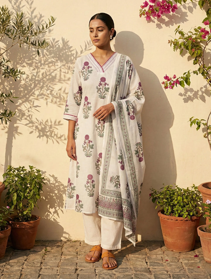 White Purple Print V-Neck Kurta Pant Dupatta Set | SHOBITAM