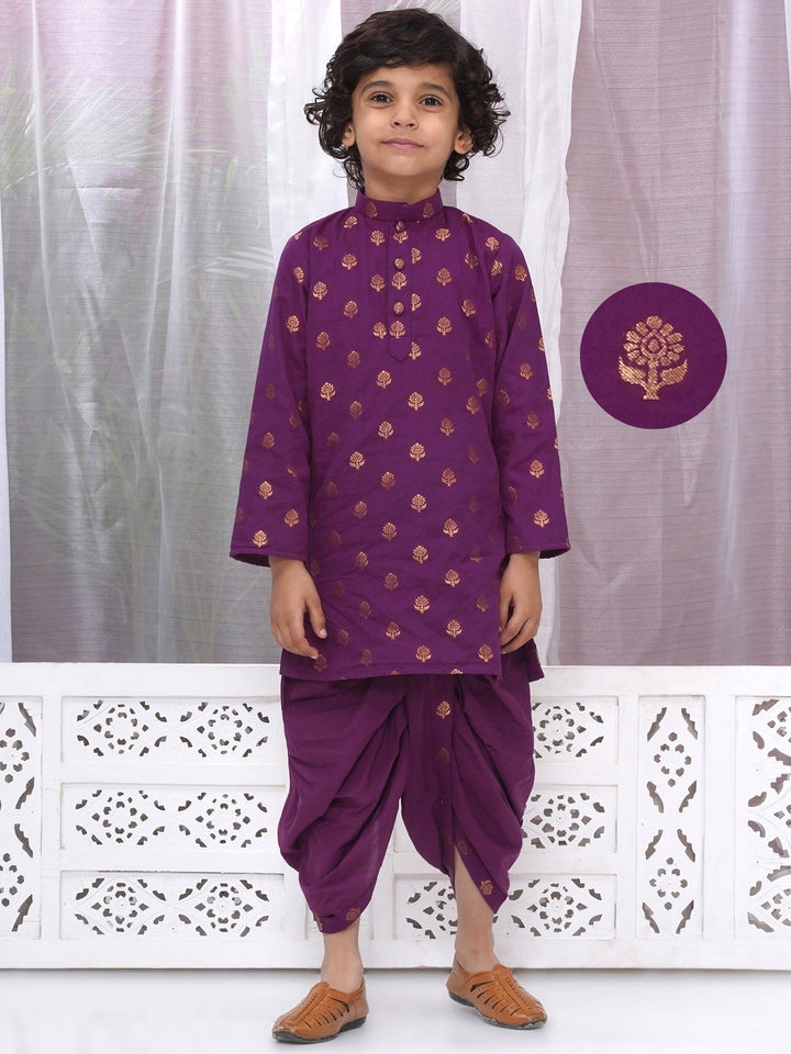 Boys Cotton Full Sleeves Kurta and Dhoti with Golden Floral Zari Work- Purple | SHOBITAM