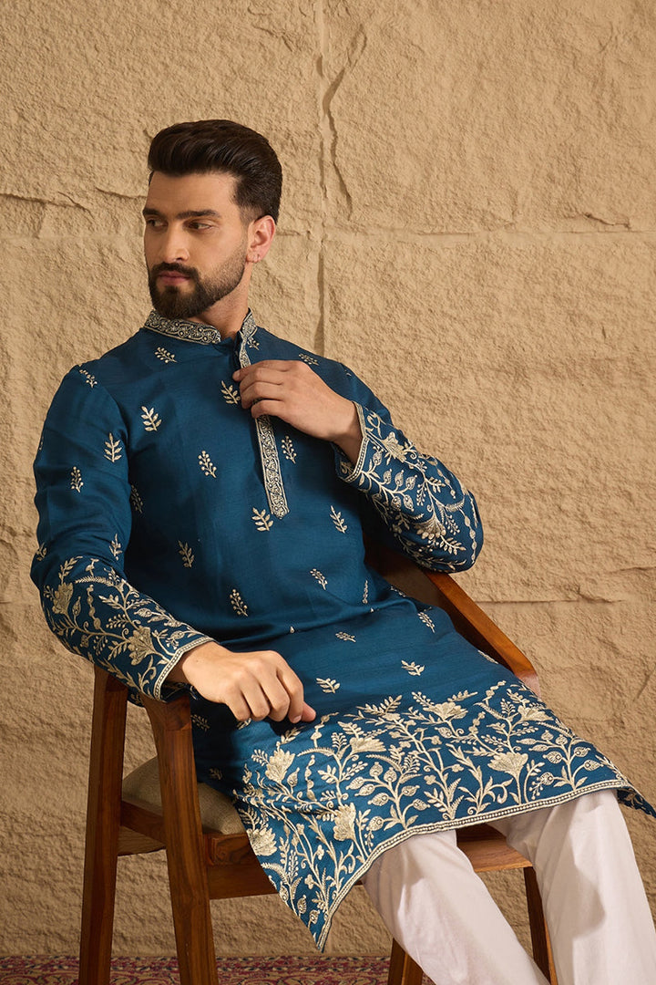 Blue Chanderi Silk Solid Embroidered Straight Kurta with Trouser  | SHOBITAM