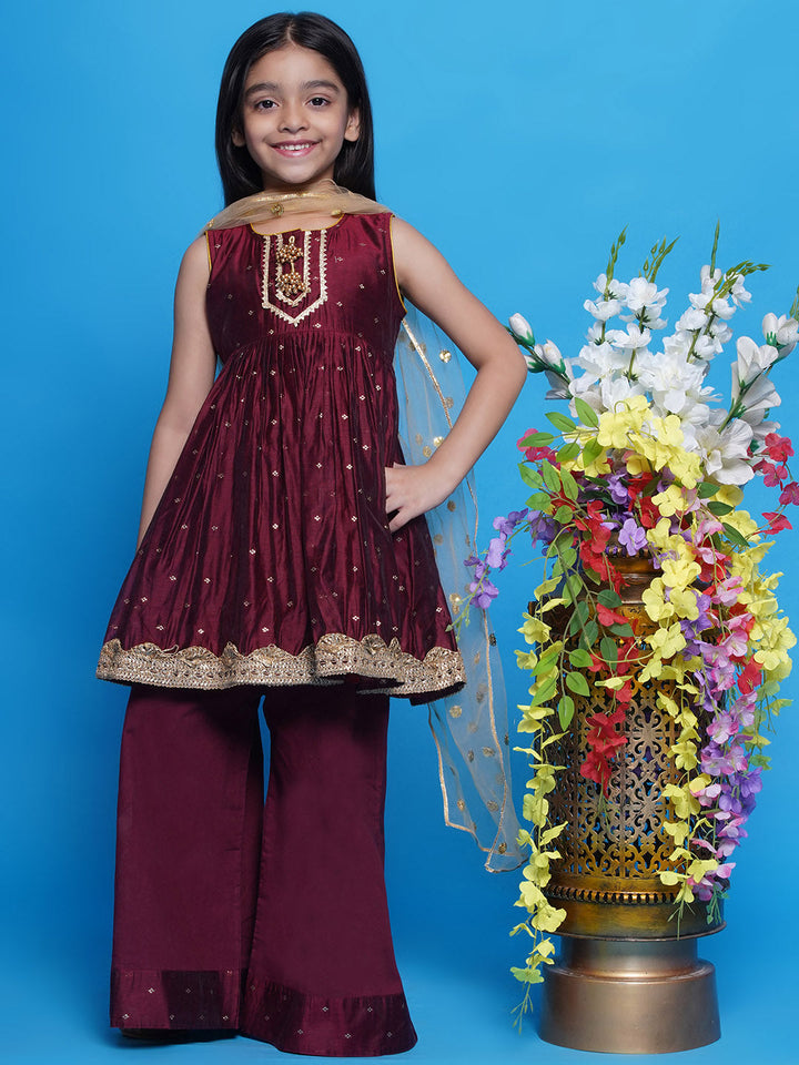 Girls Chanderi Cotton Sleeveless Kurta Frock with Plazzo and Dupatta with Boota, Lace & Tussel work - Pink | SHOBITAM