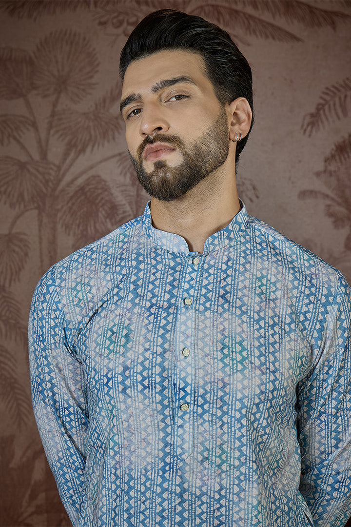 Mens Blue Linen Ethnic Motifs Printed Regular Kurta With Trouser | SHOBITAM