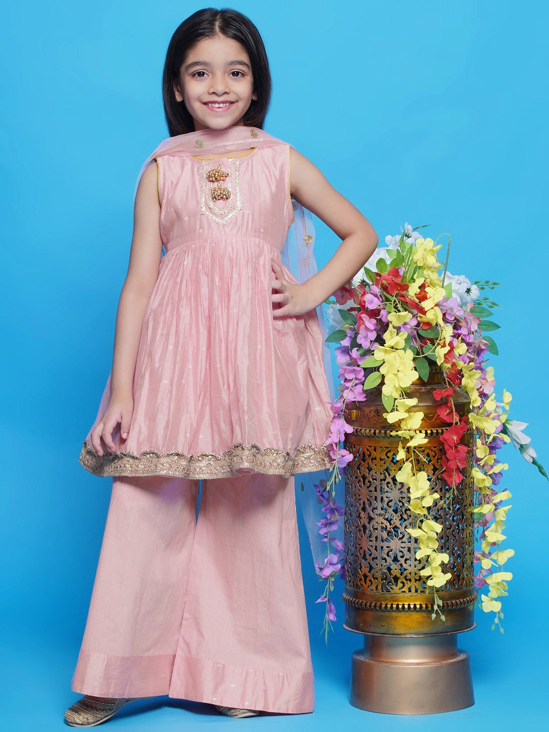 Chanderi Golden work Butta Kurta Plazzo Set - Peachish Pink | SHOBITAM
