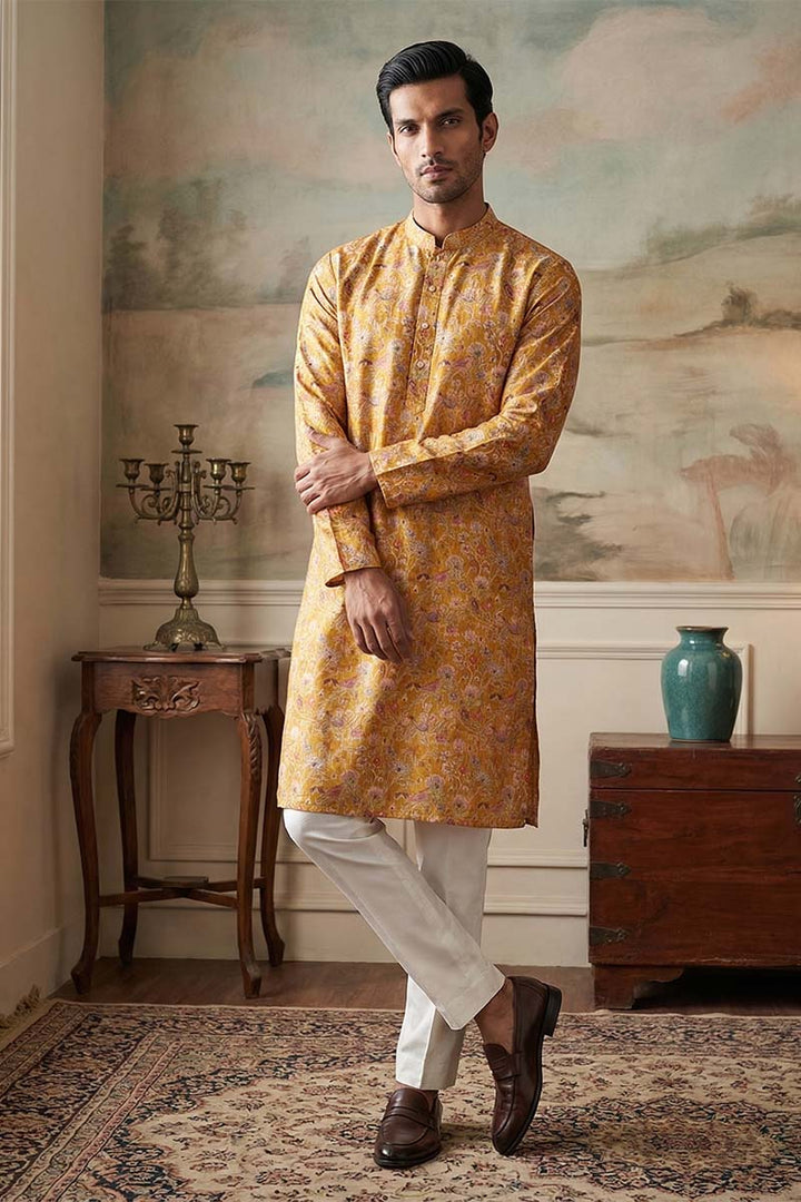 Mustard Silk Blend Printed Straight Kurta | SHOBITAM