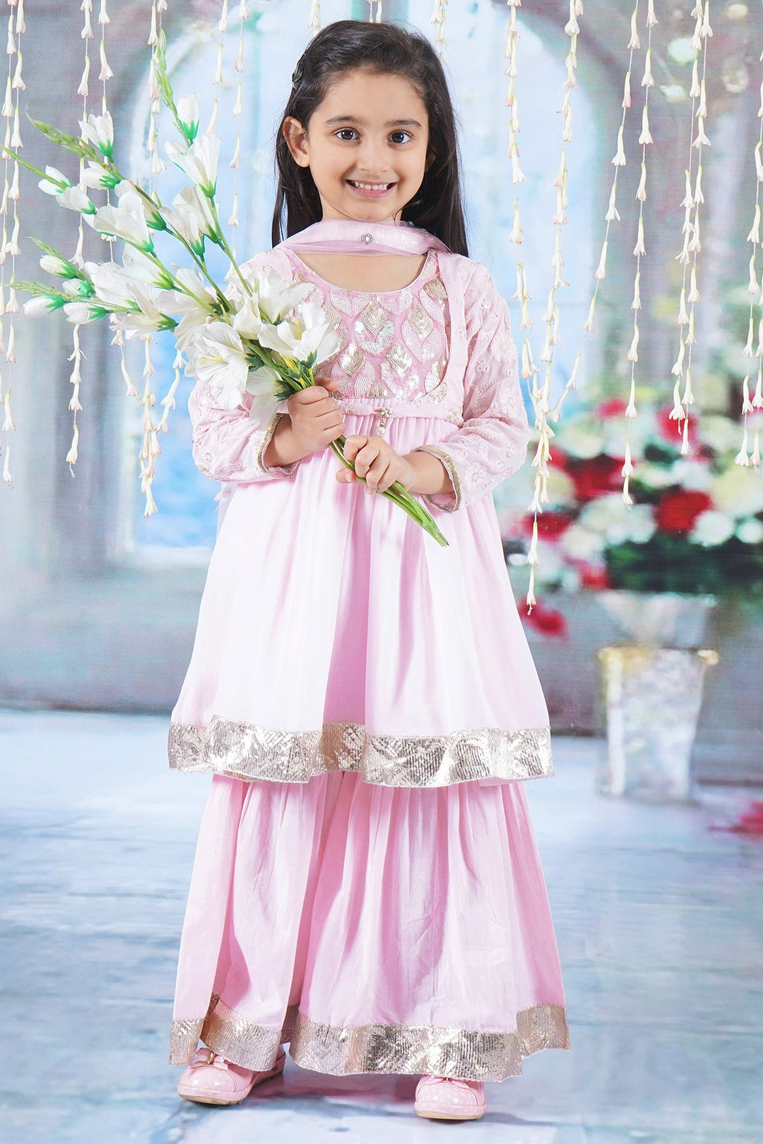 Girls Floral Sequin Embrodiery Kurta with Sharara and Dupatta with Lace Work | SHOBITAM