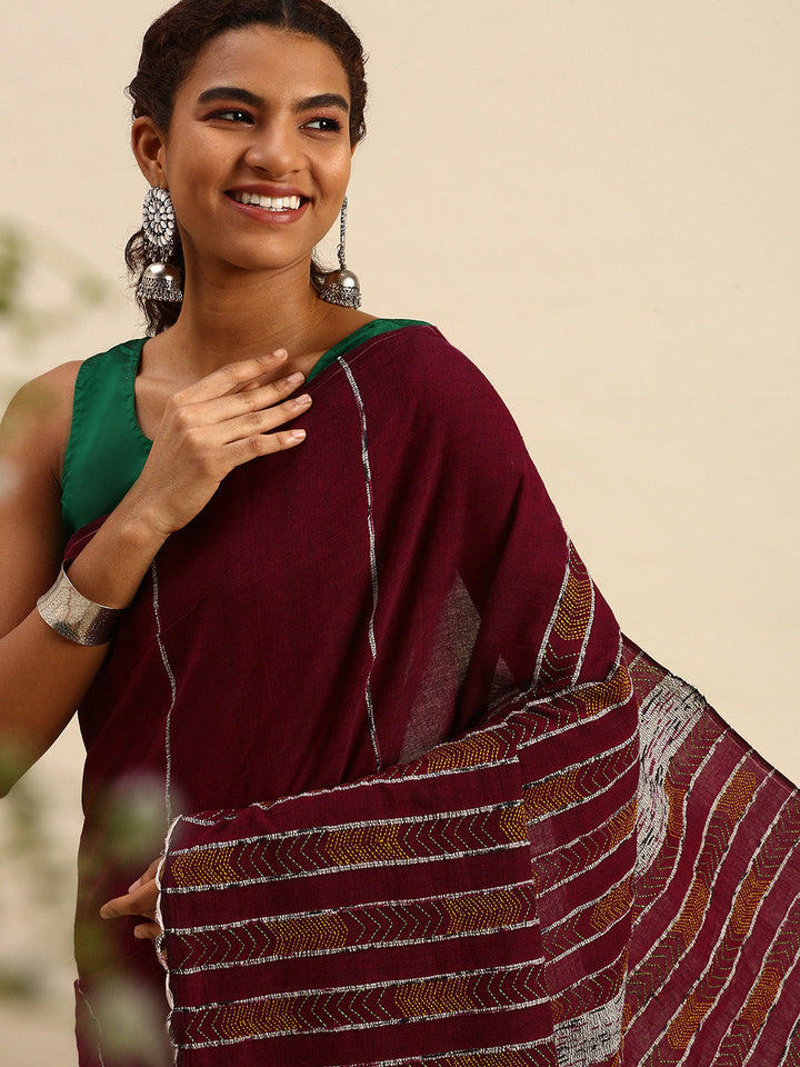 Maroon Yellow Khesh Kantha Stitch Cotton Saree | SHOBITAM