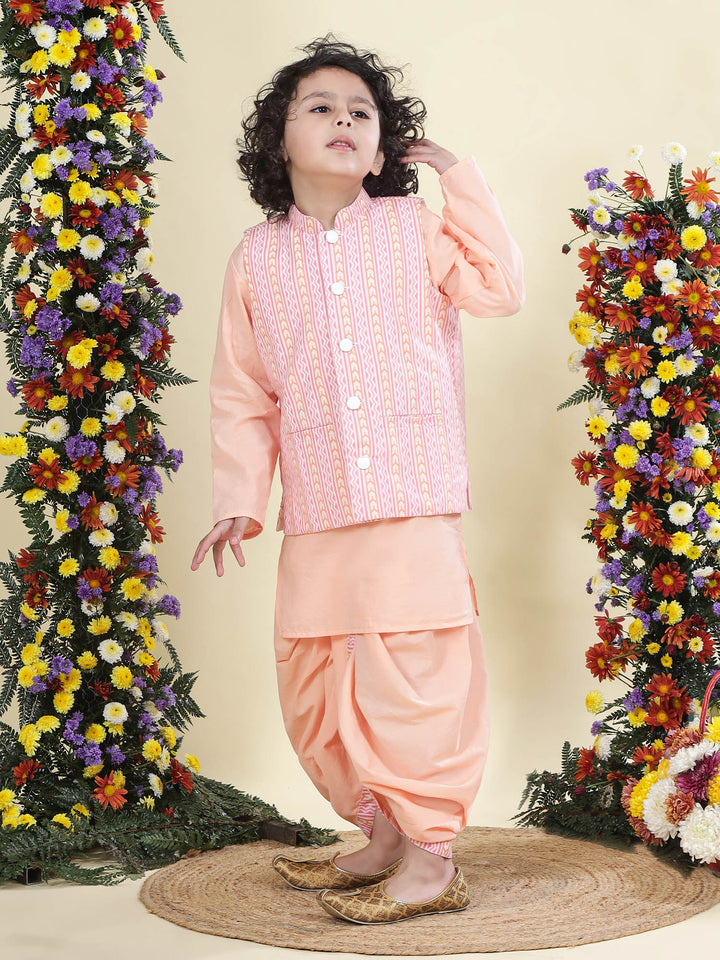 Peach Chevron Nehru Jacket with Cotton Kurta Dhoti Set | SHOBITAM