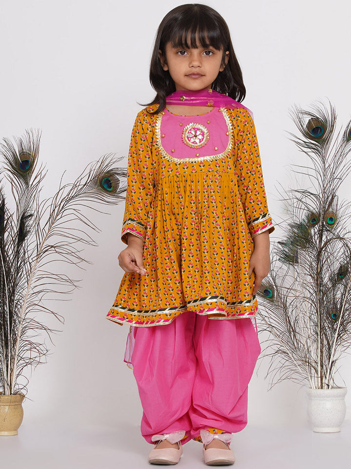 Girls Jaipuri Print Kurta Frock with Salwar in Yellow & Pink