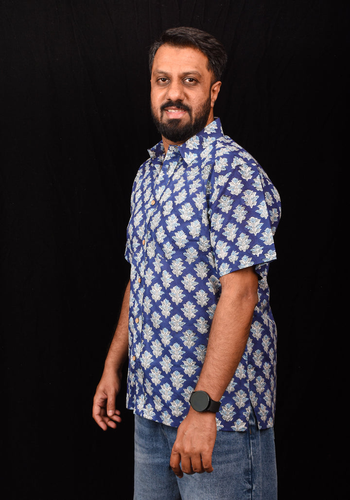 Blue White Bagru Handblock Printed Cotton Mens Shirt Heer