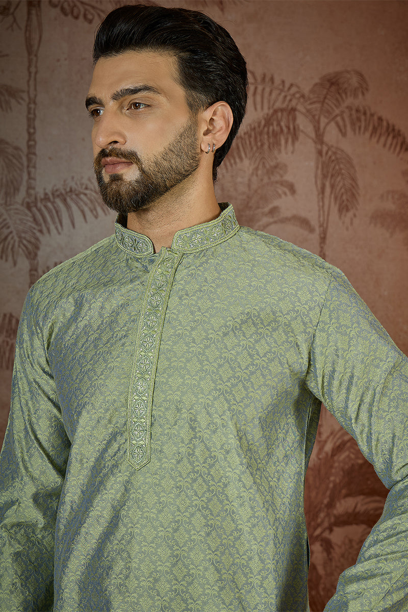 Mens Green Jacquard Solid Embroidered Kurta | SHOBITAM