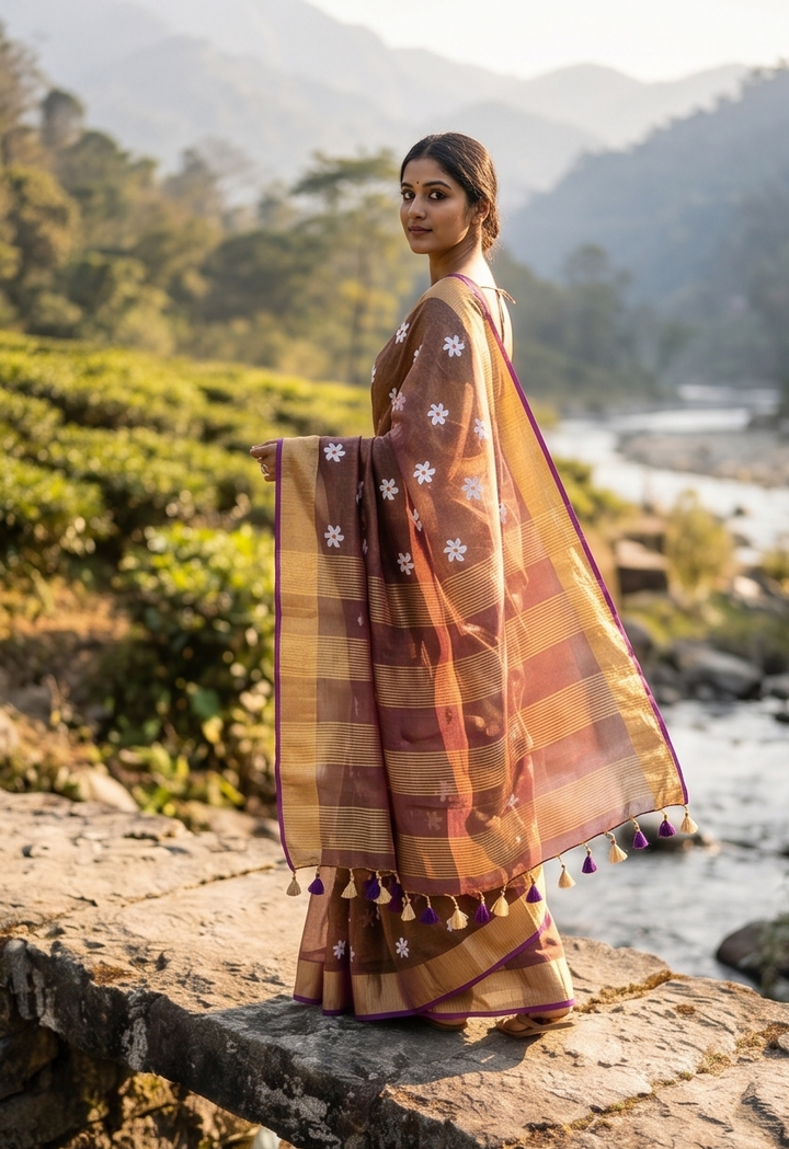 Parijaat Flower Embroidery Tissue Linen Saree in Purple | Shobitam saree