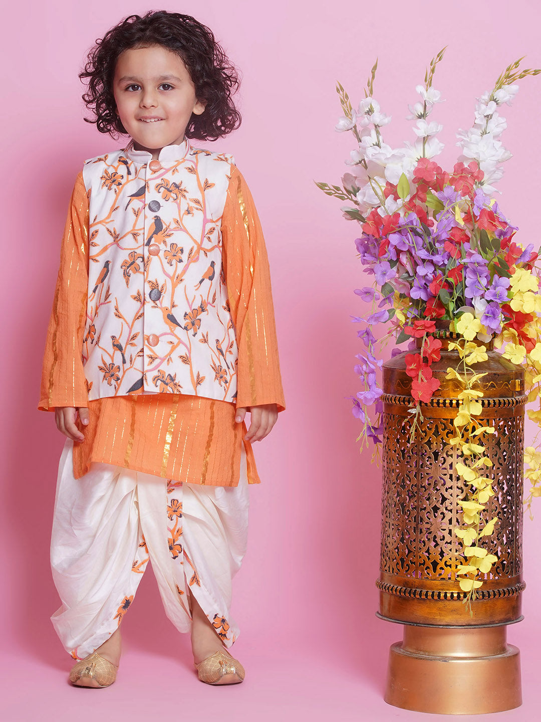 Cotton Sleevelees Floral Bird Thread Embrodiery Nehru Jacket with Striped Kurta and Dhoti - Orange and Cream | SHOBITAM
