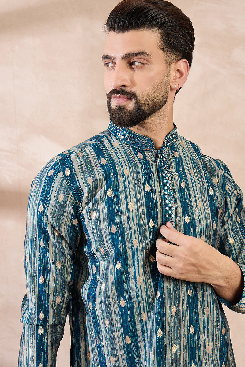 Turquoise Blue Silk Blend Abstract Printed Straight Kurta With Trouser | SHOBITAM