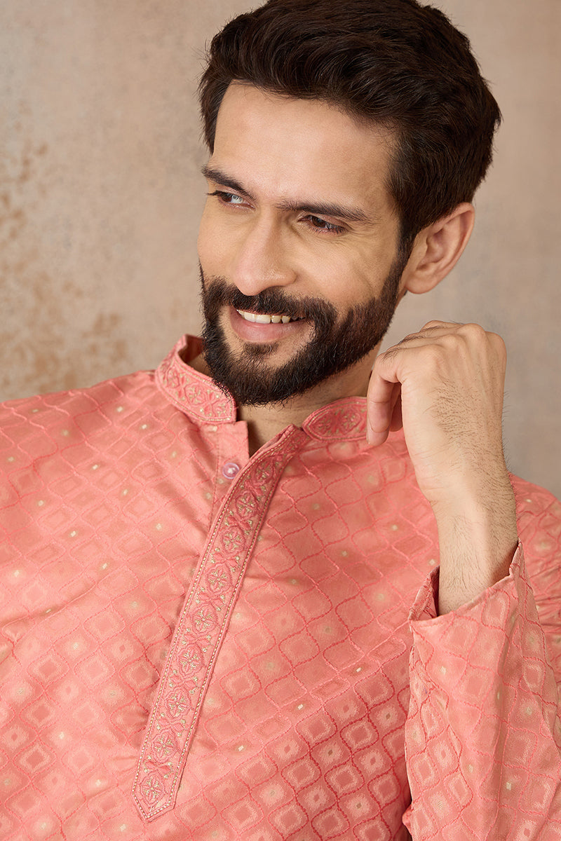 Mens Coral Jacquard Ethnic Motifs Embroidered Kurta | SHOBITAM