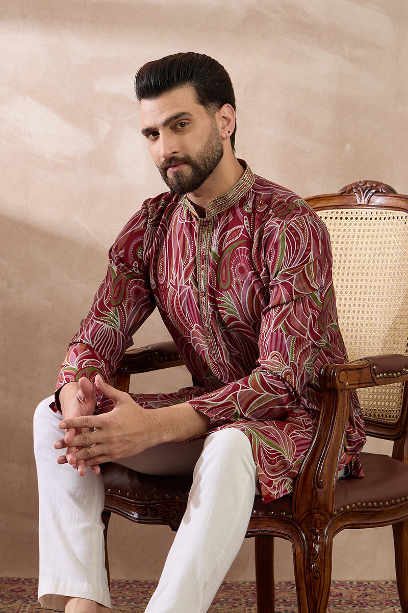 Red Silk Blend Printed Mandarin Collar Straight Kurta With Trouser | SHOBITAM