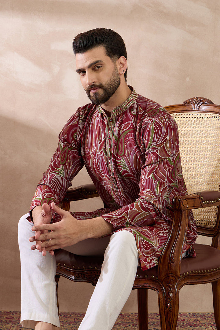 Red Silk Blend Printed Mandarin Collar Straight Kurta With Trouser | SHOBITAM