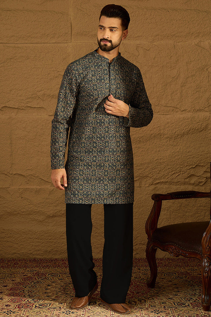 Navy Blue Viscose Rayon Geometric Printed Straight Kurta  | SHOBITAM