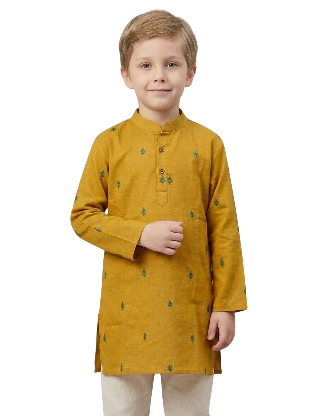 Boys Mustard Yellow Cotton Kurta Set with Embroidered Detail | SHOBITAM