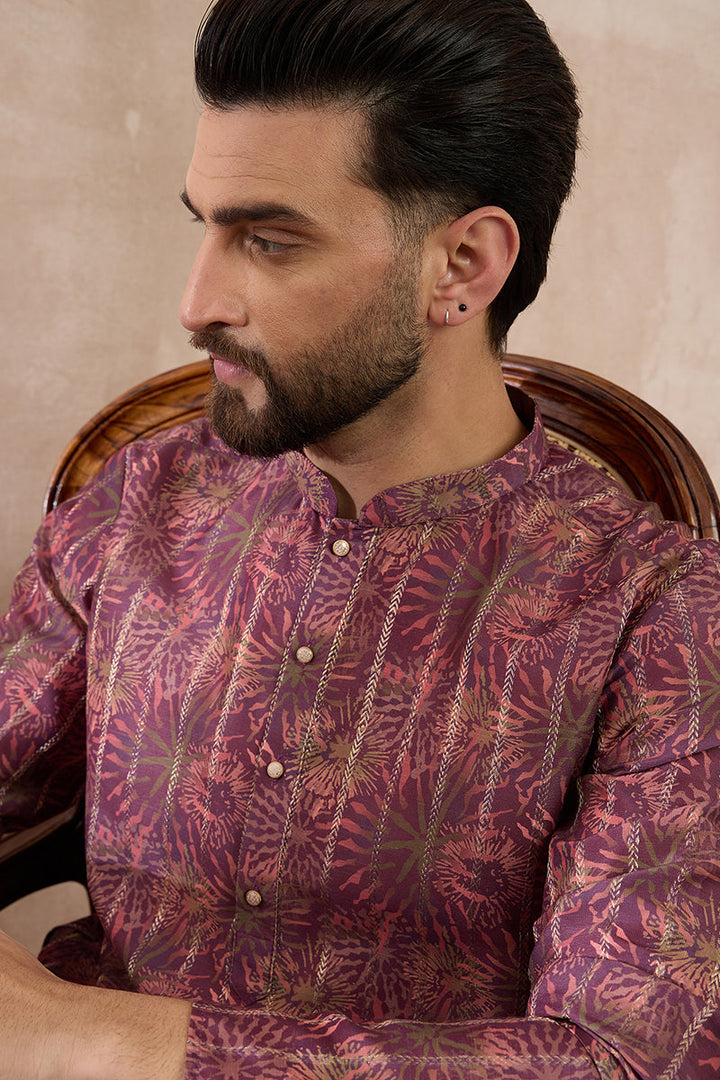 Purple Silk Blend Printed Mandarin Collar Straight Kurta | SHOBITAM