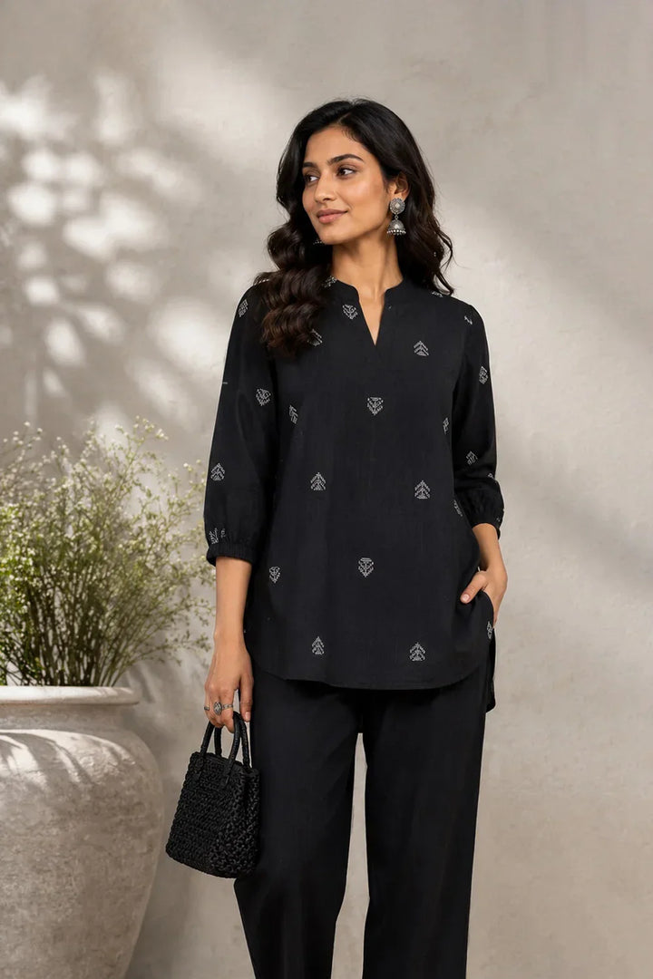 Black Woven South Cotton Top | SHOBITAM
