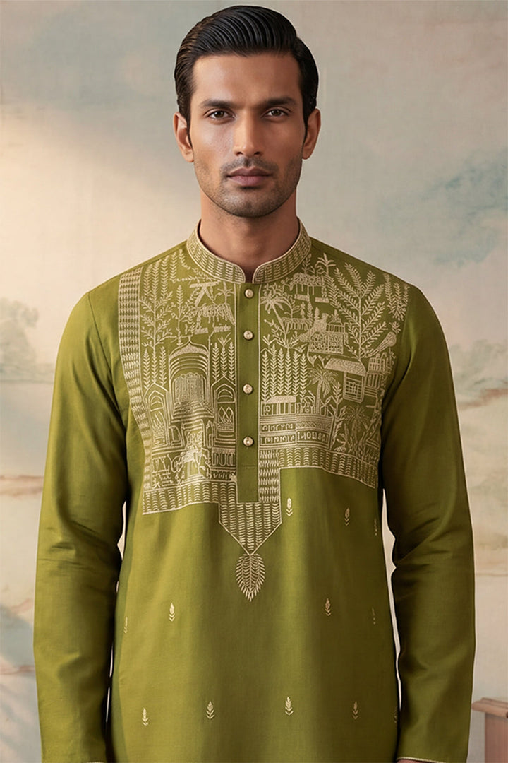 Mens Green Silk Blend Solid Emboidered Straight Kurta With Trouser | SHOBITAM