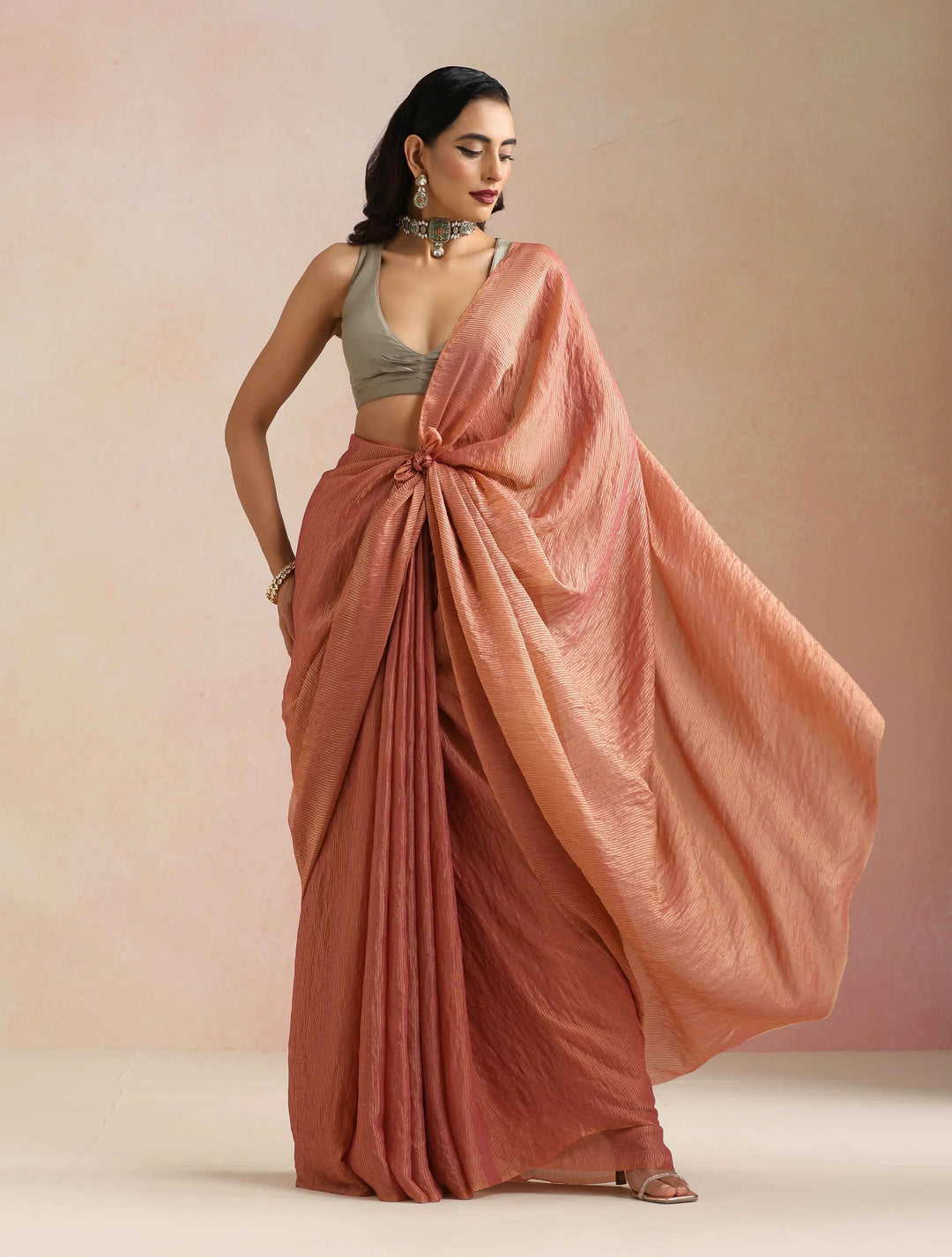 Peach Copper Tissue Saree With Unstitched Blouse | SHOBITAM