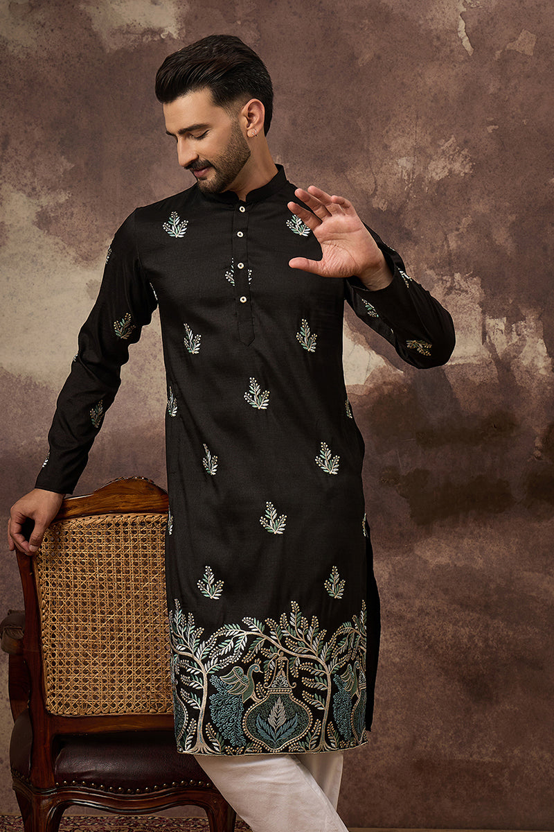 Black Silk Blend Solid Embroidered Straight Kurta with Trouser  | SHOBITAM
