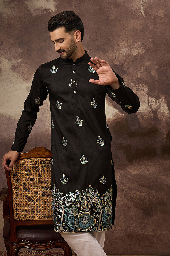 Black Silk Blend Solid Embroidered Straight Kurta with Trouser  | SHOBITAM