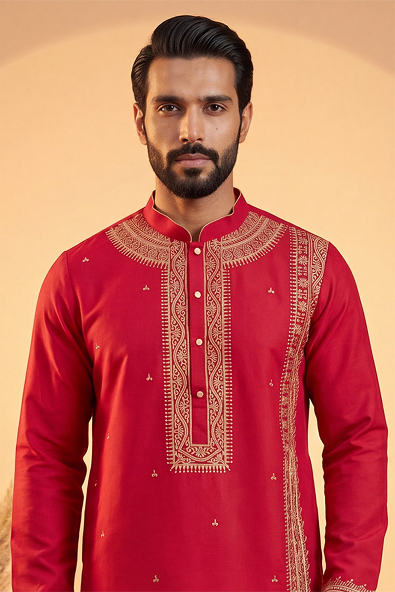 Mens Pink Silk Blend Solid Emboidered Straight Kurta With Trouser | SHOBITAM