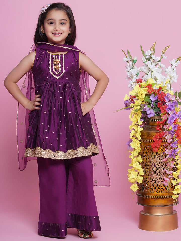 Girls Chanderi Cotton Sleeveless Kurta Frock with Plazzo and Dupatta with Boota, Lace & Tussel work - Royal Purple | SHOBITAM