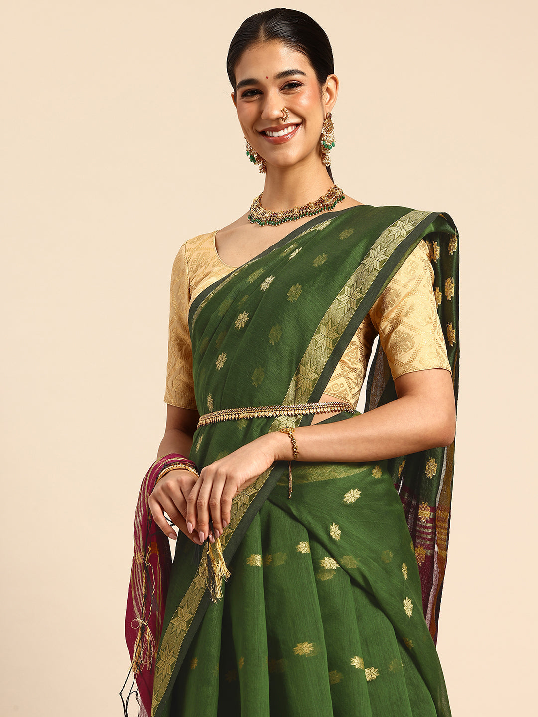 Pista Green & Magenta Zari Buti Silk Cotton Saree with blouse piece | SHOBITAM