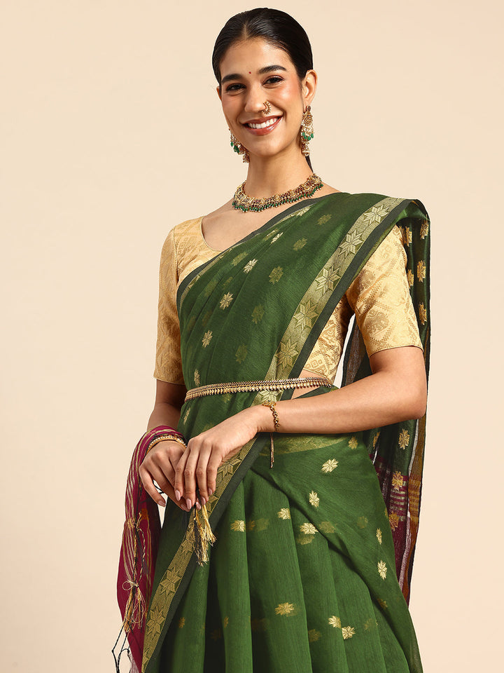 Pista Green & Magenta Zari Buti Silk Cotton Saree with blouse piece | SHOBITAM