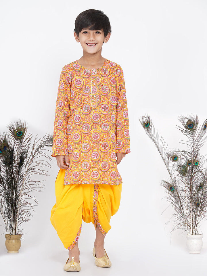 Boys Floral Kurta with Pearl Buttons and Dhoti in Yellow  | SHOBITAM