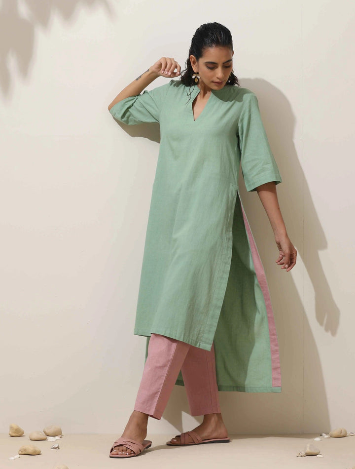 Mint Green Cotton Linen Kurta Pant Set | SHOBITAM